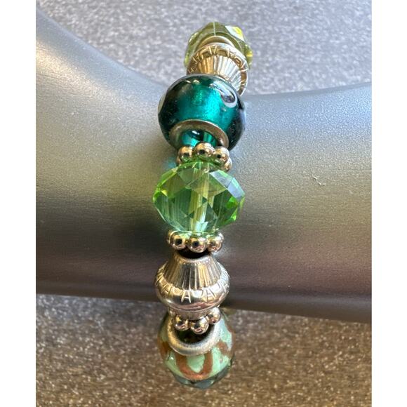 Blue, Green Silver Beaded Stretch Bracelet Various Sizes and Styles of Beads - Picture 1 of 4